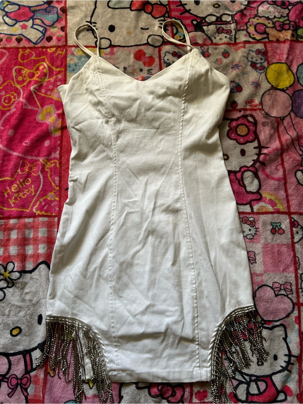 White Sleeveless Mini Dress with Beaded Fringe